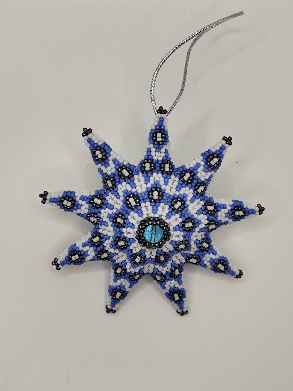 Blue and White Beaded Star Ornament - Festive Holiday Decoration